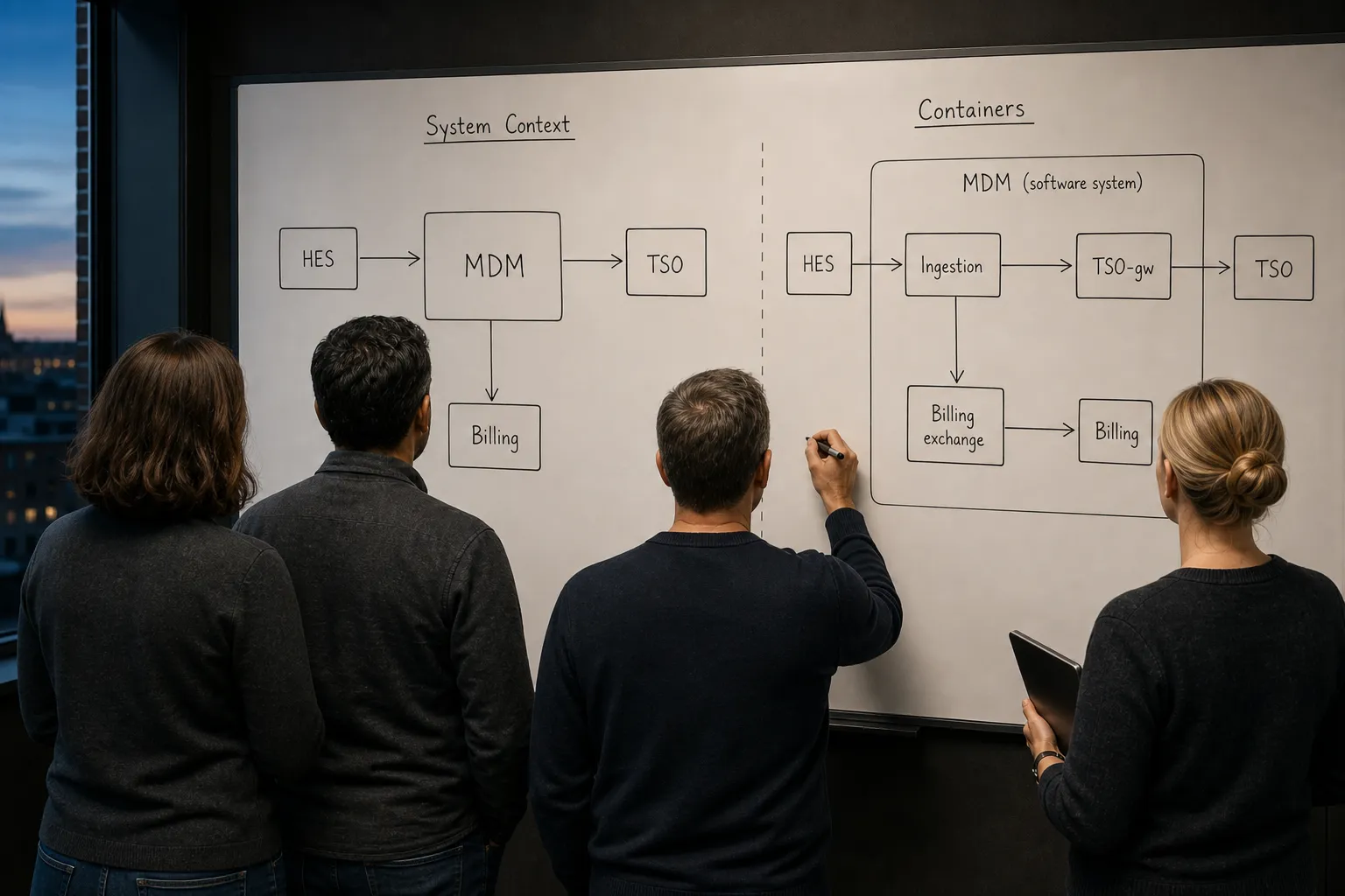 Over-the-shoulder view of architects at a whiteboard sketching an MDM C4 diagram: HES to MDM to TSO and billing, with containers for ingestion, TSO-gw, and billing exchange