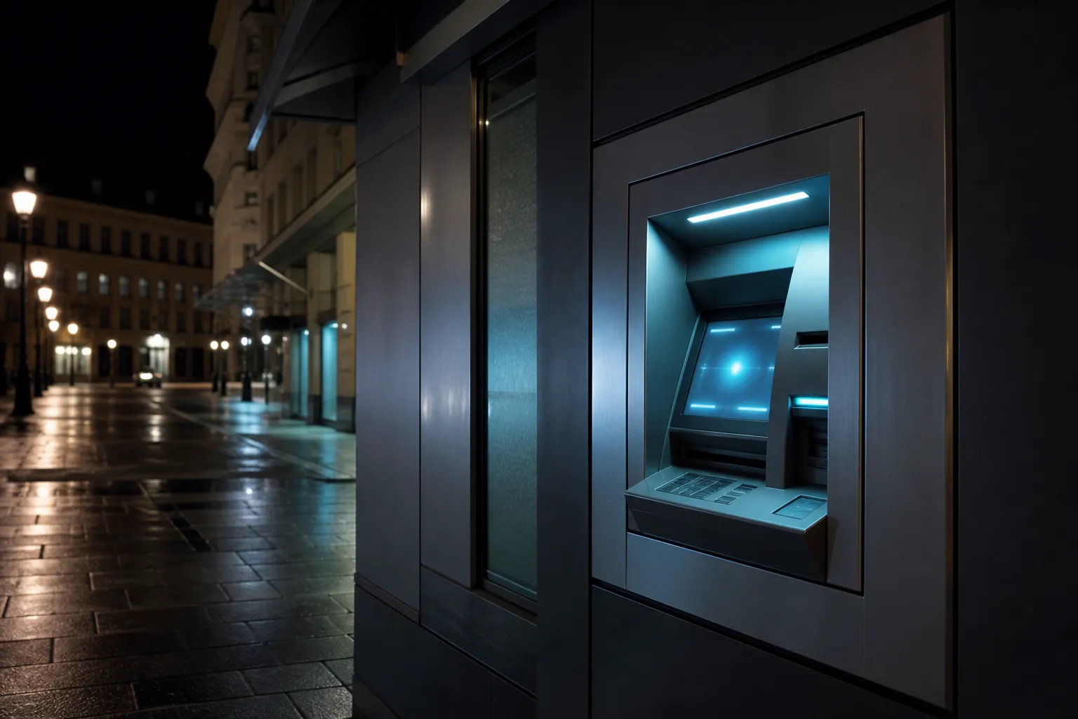 Street ATM at night with a glowing interface
