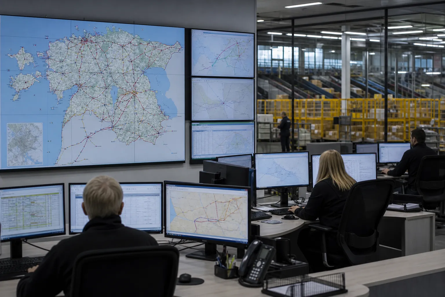 Logistics operations room with an Estonia routing map and a sorting hall beyond