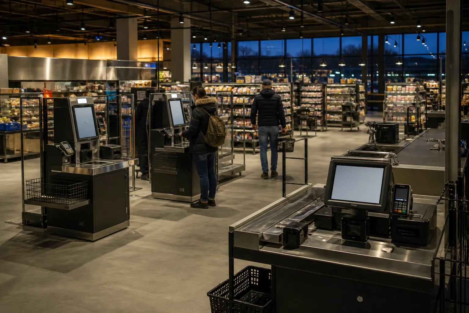 Self-checkout kiosks and POS hardware on a grocery store floor