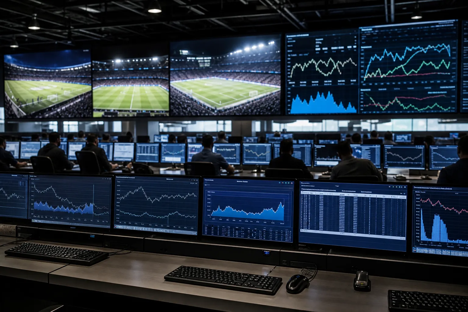 Live-event operations floor with stadium video and real-time charts